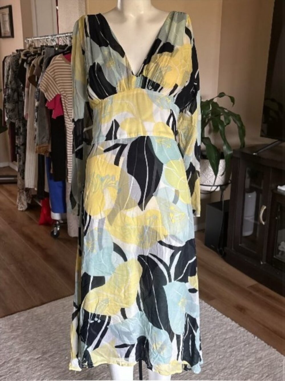 The Kooples Hibiscus Midi Dress Yellow Black Floral Empire Waist V-Neck Boho S